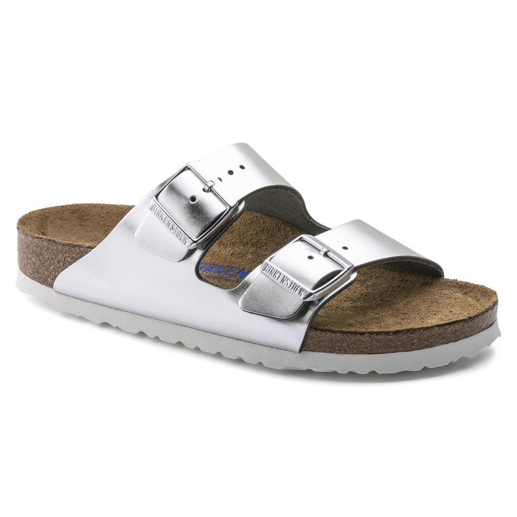 The Birkenstock Arizona Soft Footbed Leather - Metallic Silver w/White Women's Clothing - Shoes from Birkenstock at Shop Southern Roots TX